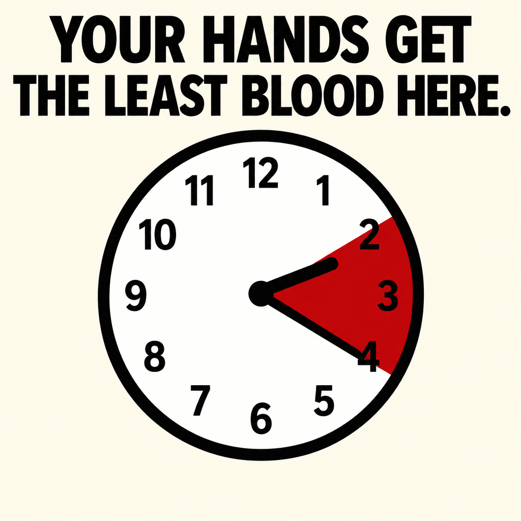 A clock face with the hours between 2 and 4 in the morning marked in red