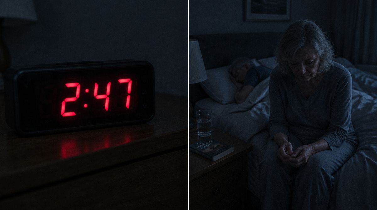 A clock reading 2:47am and a woman sitting on the edge of her bed