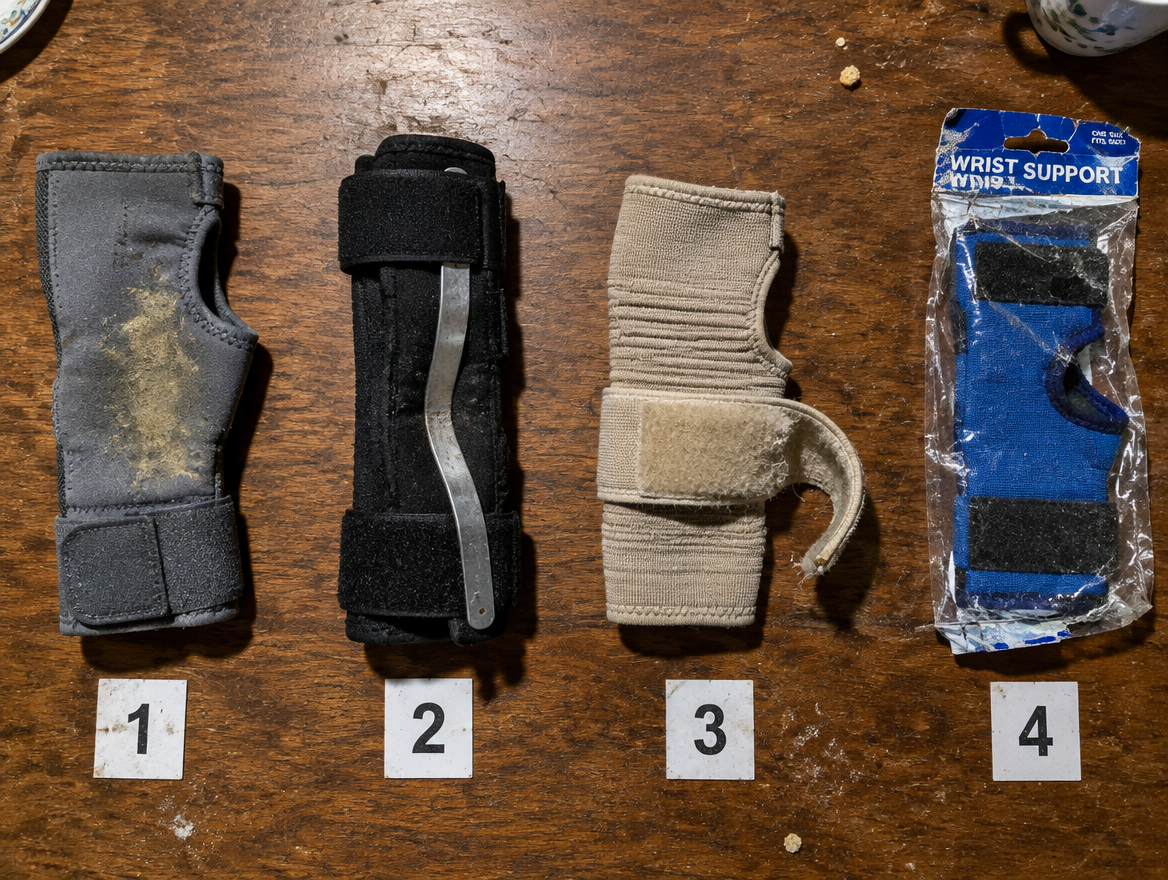 Four worn wrist braces laid out on a kitchen table
