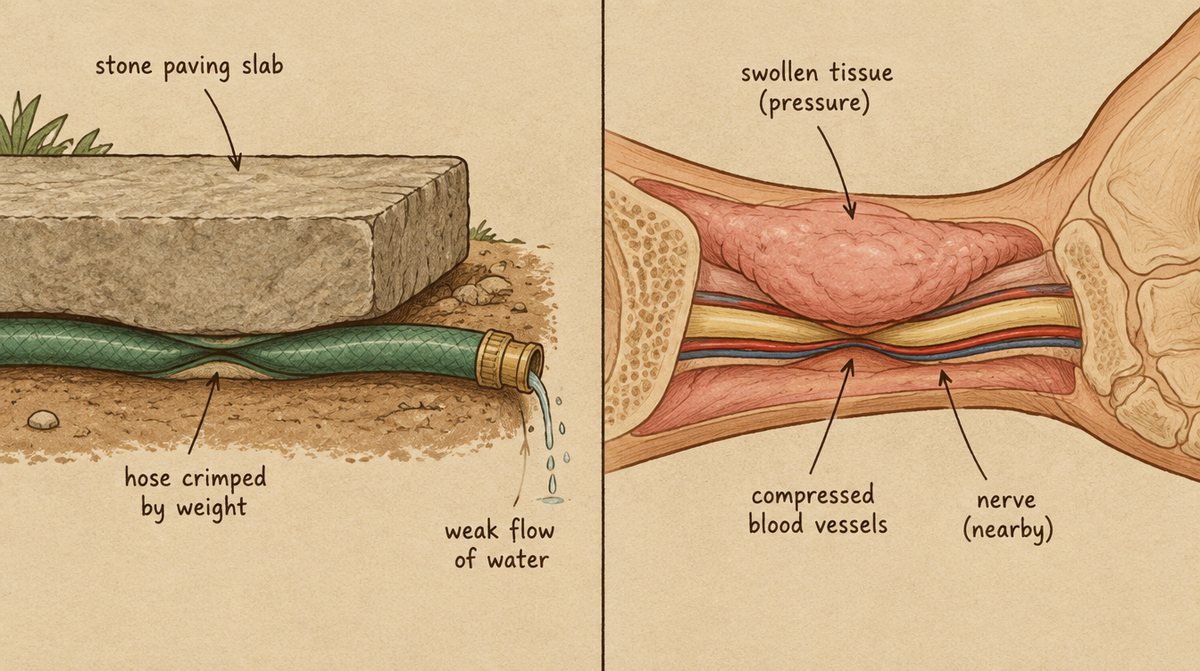 A crimped hose beside a cross-section of a wrist