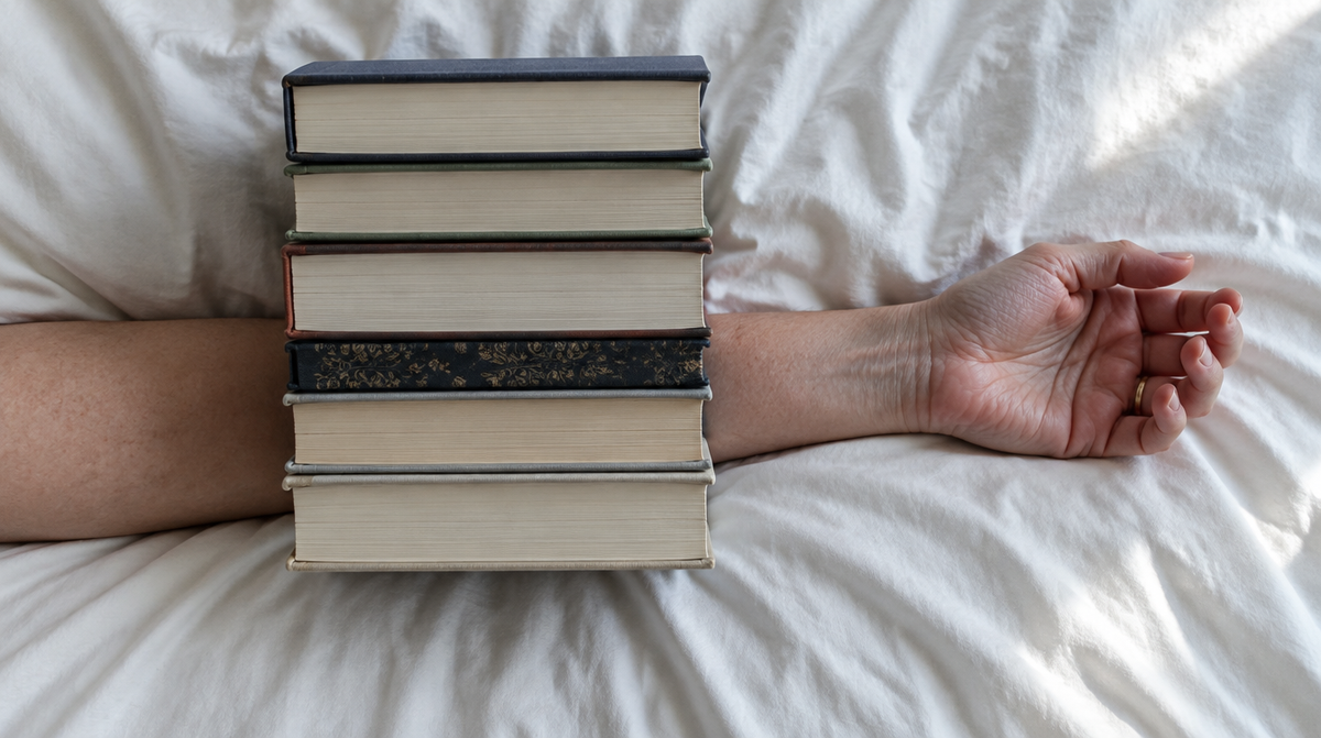 A weight resting across a woman's forearm