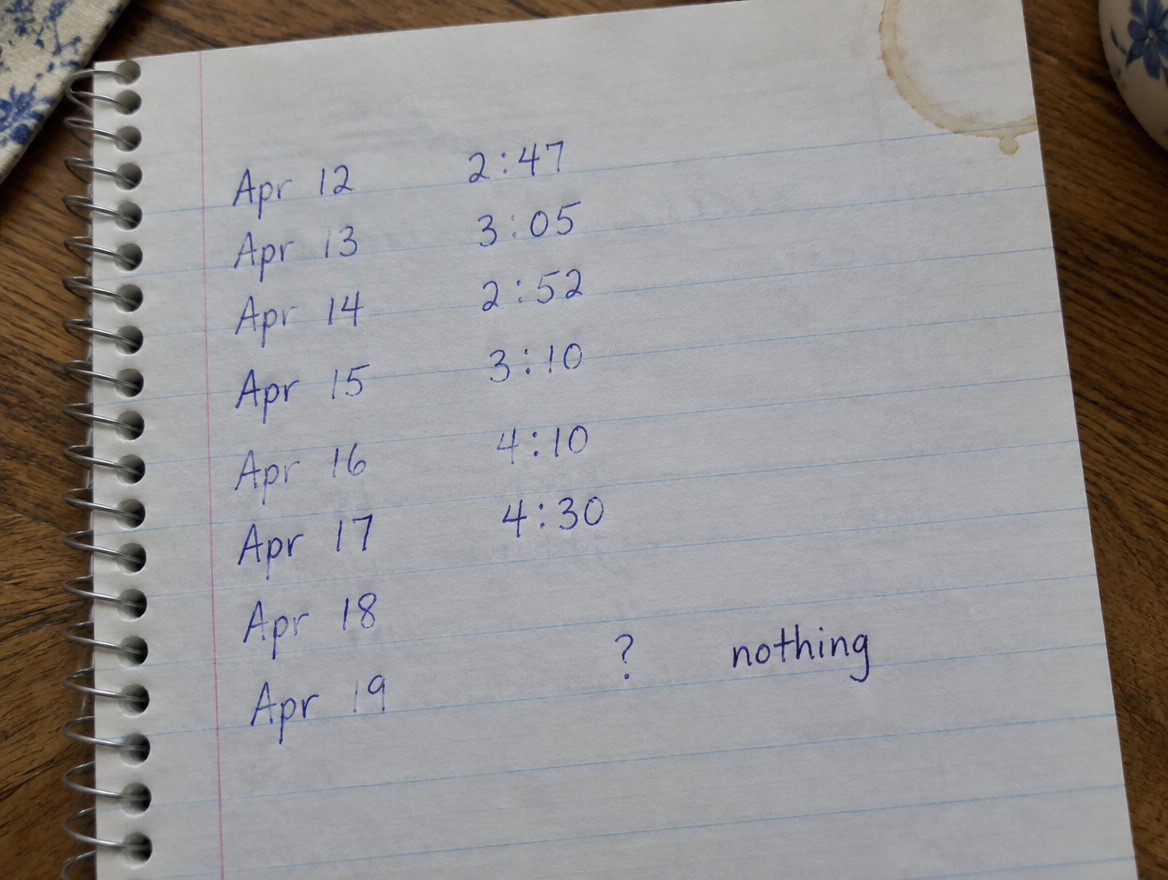 A handwritten notebook page listing the times she woke each night
