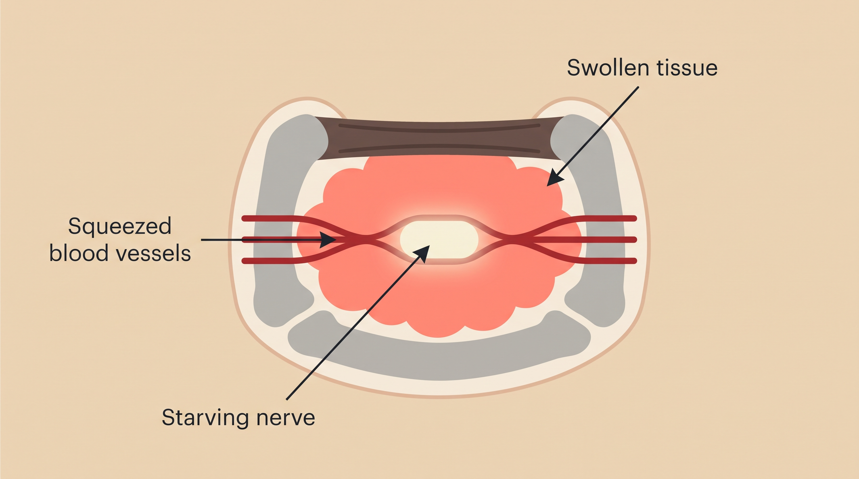 Swollen tissue squeezing the blood vessels that feed the nerve