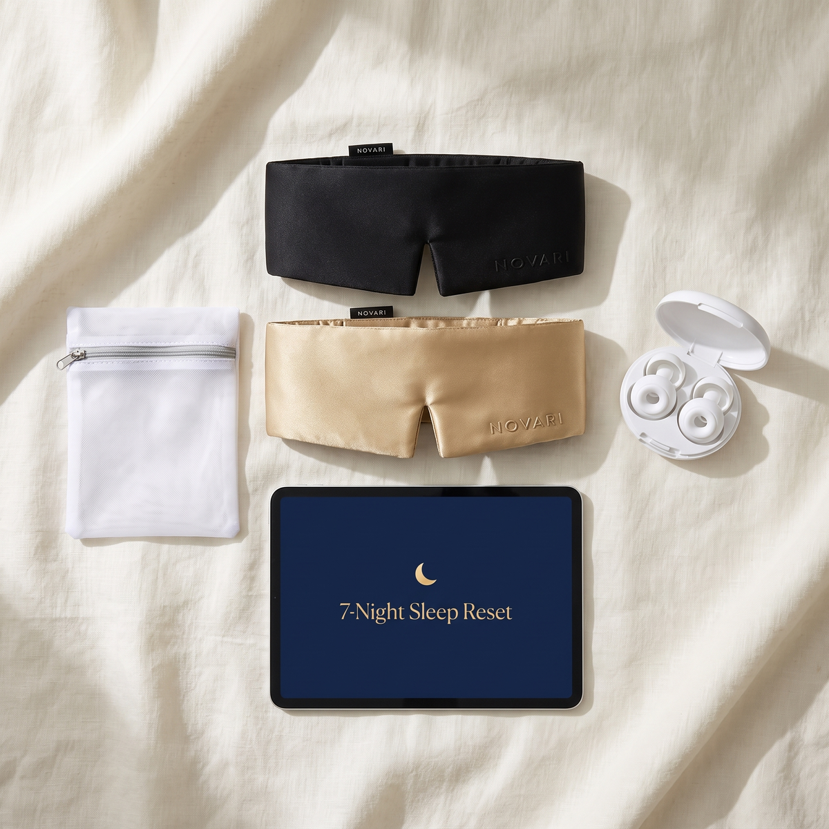 Two masks with the free gifts: earplugs, wash bag and the 7-Night Sleep Reset guide