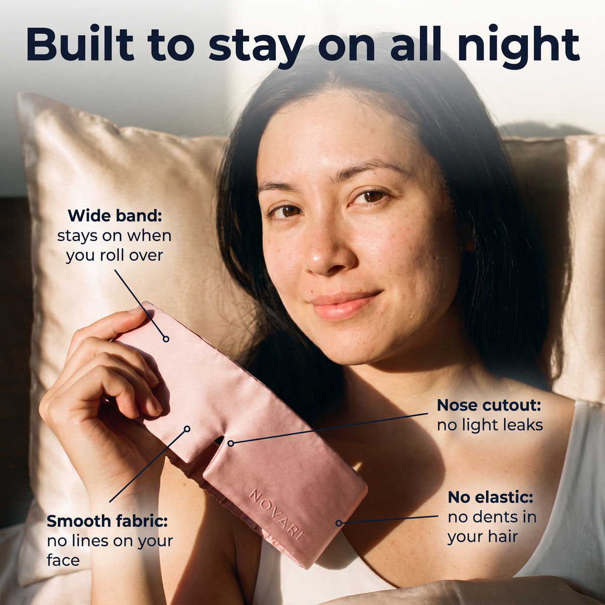 Built to stay on all night: wide band, nose cutout, no elastic, smooth fabric